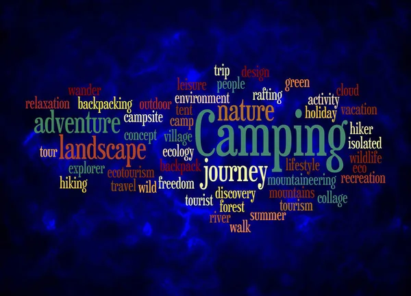 带有Camping概念的Word Cloud只使用文本创建 — 图库照片