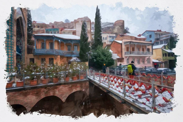 Акварельная Иллюстрация Красивого Вида Традиционную Европейскую Городскую Архитектуру Тбилиси Столица — стоковое фото