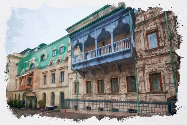 Watercolor Illustration Beautiful View Traditional European Urban Architecture Tbilisi Capital — Stock Photo, Image