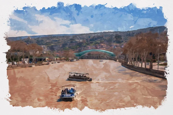 Watercolor Illustration Tourists Ride Pleasure Boat Mtkvari Kura River — Foto de Stock