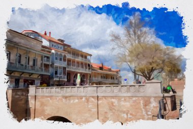 Tiflis 'teki geleneksel Avrupa kentsel mimarisinin güzel bir manzarasının suluboya çizimi. Georgia 'nın başkenti.