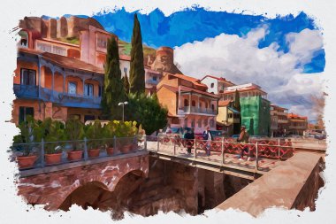 Tiflis 'teki geleneksel Avrupa kentsel mimarisinin güzel bir manzarasının suluboya çizimi. Georgia 'nın başkenti.