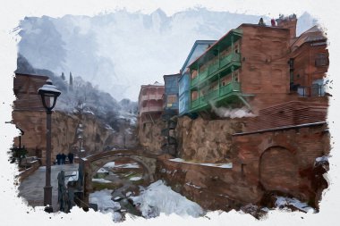 Tiflis 'teki geleneksel Avrupa kentsel mimarisinin güzel bir manzarasının suluboya çizimi. Georgia 'nın başkenti.