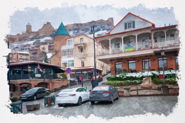 Tiflis 'teki geleneksel Avrupa kentsel mimarisinin güzel bir manzarasının suluboya çizimi. Georgia 'nın başkenti.