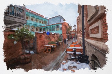 Tiflis 'teki geleneksel Avrupa kentsel mimarisinin güzel bir manzarasının suluboya çizimi. Georgia 'nın başkenti.