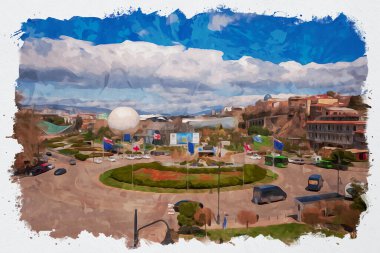 Suluboya çizimi. Tiflis 'in panoramik manzarası. Georgia 'nın başkenti.