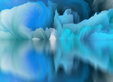 Sihirli dünya. Soyut manzara, gerçeküstü göl ve yansımalar. sanat, yaratıcılık ve hayal gücü. 3d illüstrasyon.