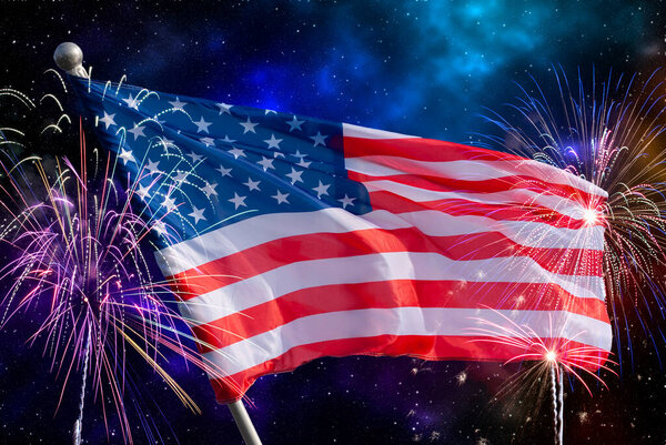 США 4 июля День независимости фоне американского флага с фейерверком, Концепция празднования,