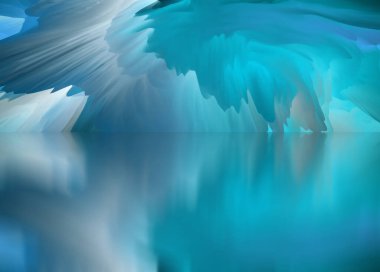 Sihirli dünya. Soyut manzara, gerçeküstü göl ve yansımalar. sanat, yaratıcılık ve hayal gücü. 3d illüstrasyon.