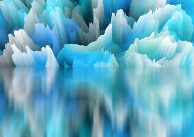 Sihirli dünya. Soyut manzara, gerçeküstü göl ve yansımalar. sanat, yaratıcılık ve hayal gücü. 3d illüstrasyon.