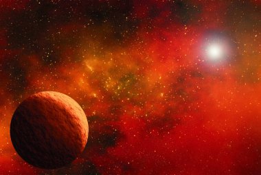 Uzaydan gelen bilinmeyen bir gezegen. Uzay nebulası. Kozmik yıldız kümesi. Dış uzay arkaplanı. 3B Görüntü.