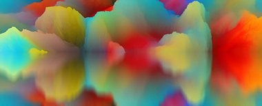 Sihirli dünya. Soyut manzara, gerçeküstü göl ve yansımalar. sanat, yaratıcılık ve hayal gücü. 3d illüstrasyon.