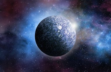 Uzaydan gelen bilinmeyen bir gezegen. Uzay nebulası. Kozmik yıldız kümesi. Dış uzay arkaplanı. 3B Görüntü.