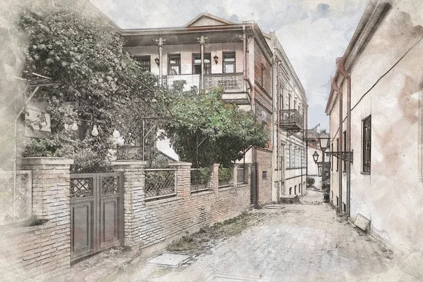 Sketch Illustration Beautiful View Traditional European Urban Architecture Tbilisi Capital — ストック写真