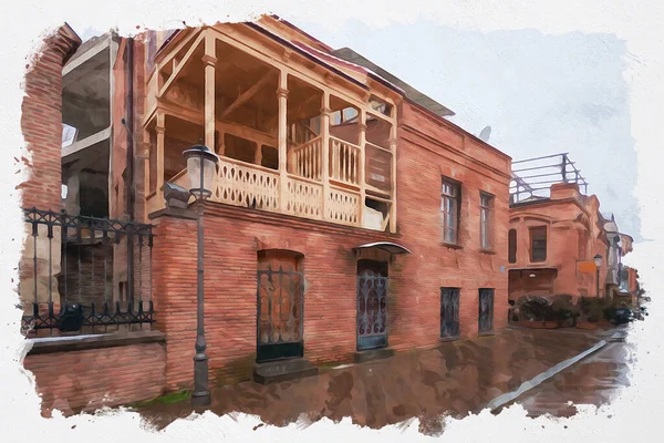 Ilustración Acuarela Una Hermosa Vista Arquitectura Urbana Europea Tradicional Tiflis — Foto de Stock