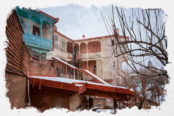 Aquarell Illustration Einer Schönen Ansicht Der Traditionellen Europäischen Stadtarchitektur Tiflis — Stockfoto