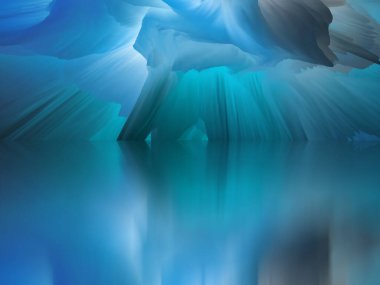 Sihirli dünya. Soyut manzara, gerçeküstü göl ve yansımalar. sanat, yaratıcılık ve hayal gücü. 3d illüstrasyon.