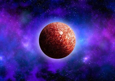 Uzaydan gelen bilinmeyen bir gezegen. Uzay nebulası. Kozmik yıldız kümesi. Dış uzay arkaplanı. 3B Görüntü.