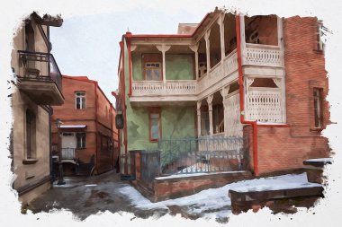 Tiflis 'teki geleneksel Avrupa kentsel mimarisinin güzel bir manzarasının suluboya çizimi. Georgia 'nın başkenti.