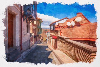 Tiflis 'teki geleneksel Avrupa kentsel mimarisinin güzel bir manzarasının suluboya çizimi. Georgia 'nın başkenti.