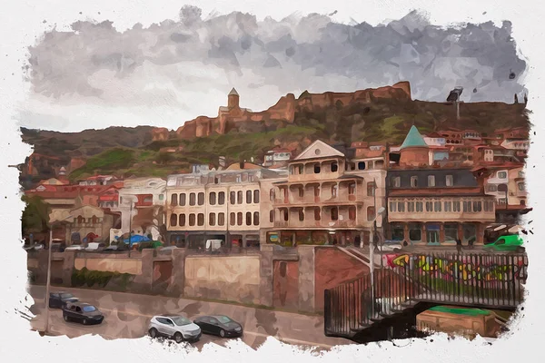 Ватерколірна Ілюстрація Прекрасного Вигляду Традиційної Європейської Міської Архітектури Тбілісі Столиця — стокове фото