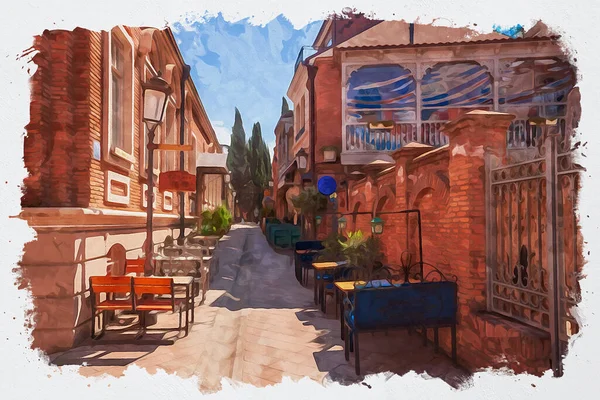 Watercolor Ilustração Uma Bela Vista Arquitetura Urbana Europeia Tradicional Tbilisi — Fotografia de Stock