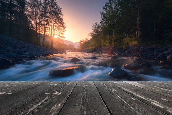 Beautiful Fast River Mountain Forest Sunrise Empty Wooden Batten Bridge — Stock Photo, Image