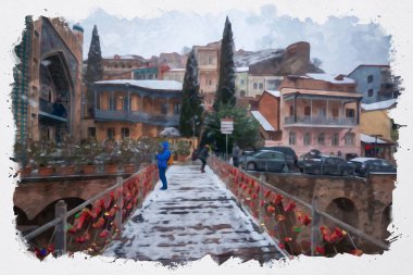 Tiflis 'teki geleneksel Avrupa kentsel mimarisinin güzel bir manzarasının suluboya çizimi. Georgia 'nın başkenti.