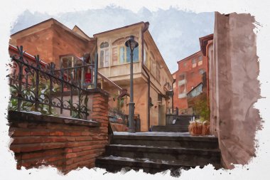 Tiflis 'teki geleneksel Avrupa kentsel mimarisinin güzel bir manzarasının suluboya çizimi. Georgia 'nın başkenti.