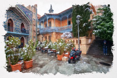 Tiflis 'teki geleneksel Avrupa kentsel mimarisinin güzel bir manzarasının suluboya çizimi. Georgia 'nın başkenti.