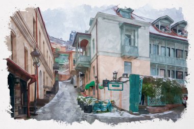 Tiflis 'teki geleneksel Avrupa kentsel mimarisinin güzel bir manzarasının suluboya çizimi. Georgia 'nın başkenti.