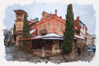 Gürcistan 'ın Tiflis kentindeki Kukla Tiyatrosu yakınlarında saat ve sanat kafesi olan eğri bir kulenin suluboya görüntüsü..