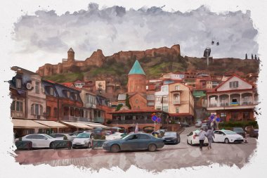 Tiflis 'teki geleneksel Avrupa kentsel mimarisinin güzel bir manzarasının suluboya çizimi. Georgia 'nın başkenti.