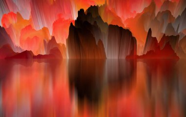 Sihirli dünya. Soyut manzara, gerçeküstü göl ve yansımalar. sanat, yaratıcılık ve hayal gücü. 3d illüstrasyon.