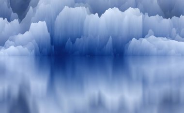 Sihirli dünya. Soyut manzara, gerçeküstü göl ve yansımalar. sanat, yaratıcılık ve hayal gücü. 3d illüstrasyon.