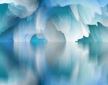 Sihirli dünya. Soyut manzara, gerçeküstü göl ve yansımalar. sanat, yaratıcılık ve hayal gücü. 3d illüstrasyon.