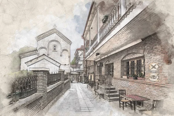 Sketch Illustration Beautiful View Traditional European Urban Architecture Tbilisi Capital — ストック写真