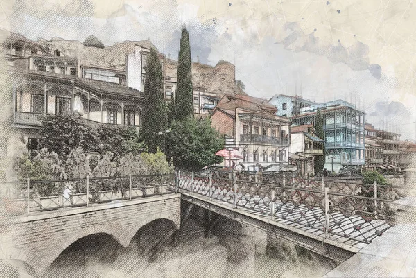 Sketch Illustration Beautiful View Traditional European Urban Architecture Tbilisi Capital — Foto Stock