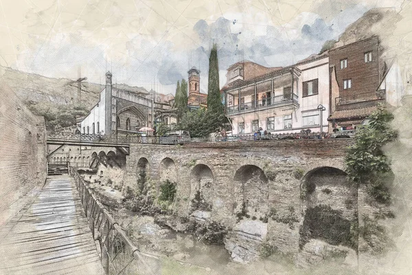 Desenho Ilustração Uma Bela Vista Arquitetura Urbana Europeia Tradicional Tbilisi — Fotografia de Stock