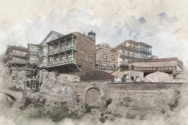 Desenho Ilustração Uma Bela Vista Arquitetura Urbana Europeia Tradicional Tbilisi — Fotografia de Stock