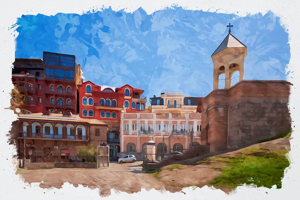 Aquarell Illustration Einer Schönen Ansicht Der Traditionellen Europäischen Stadtarchitektur Tiflis — Stockfoto