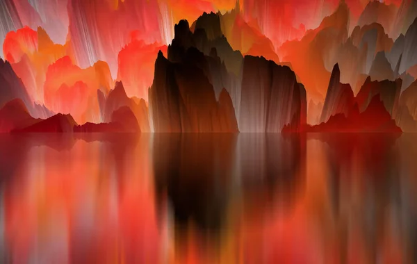 Magical world. Abstract Landscape, surreal lake and reflections. art, creativity and imagination. 3d illustration.