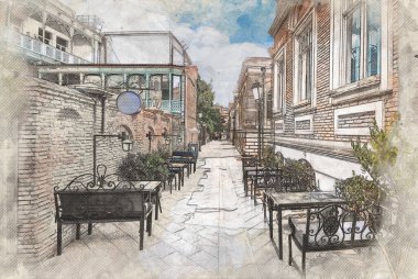 Tiflis 'teki geleneksel Avrupa kentsel mimarisinin güzel bir görüntüsünün çizimi veya çizimi. Georgia 'nın başkenti.