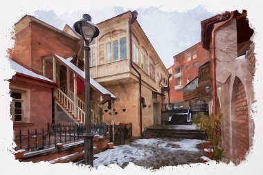 Tiflis 'teki geleneksel Avrupa kentsel mimarisinin güzel bir manzarasının suluboya çizimi. Georgia 'nın başkenti.