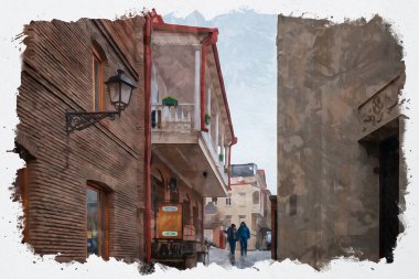 Tiflis 'teki geleneksel Avrupa kentsel mimarisinin güzel bir manzarasının suluboya çizimi. Georgia 'nın başkenti.