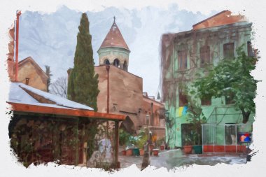 Tiflis 'teki geleneksel Avrupa kentsel mimarisinin güzel bir manzarasının suluboya çizimi. Georgia 'nın başkenti.