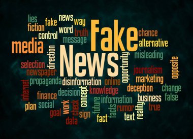 Sahte haber kavramına sahip Kelime Bulutu, sadece metin ile oluştur.