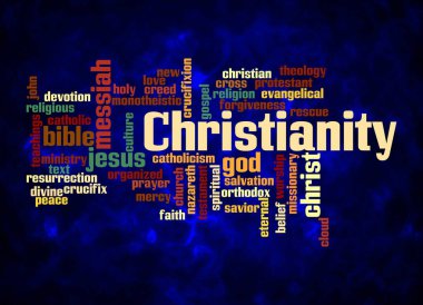 Hristiyanlık kavramına sahip Kelime Bulutu sadece metin ile oluşturulur.