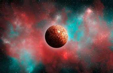 Uzaydan gelen bilinmeyen bir gezegen. Uzay nebulası. Kozmik yıldız kümesi. Dış uzay arkaplanı. 3B Görüntü.