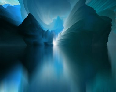 Sihirli dünya. Soyut manzara, gerçeküstü göl ve yansımalar. sanat, yaratıcılık ve hayal gücü. 3d illüstrasyon.